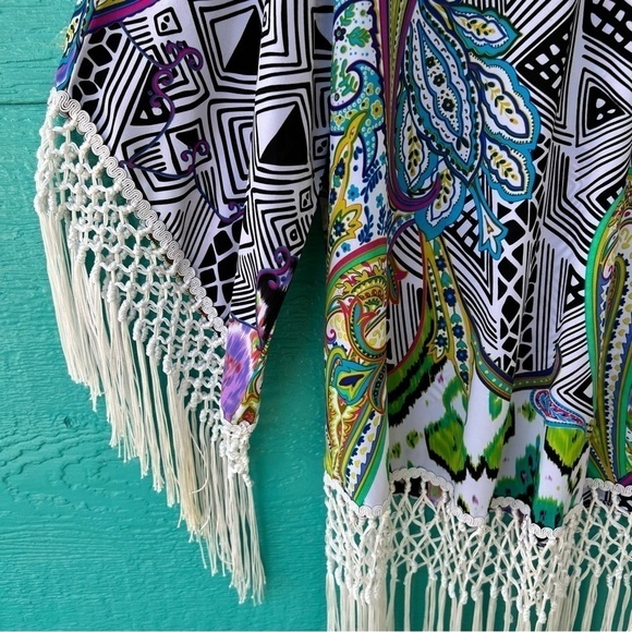 CHICO’S RETRO MACRAMÉ FRINGE PAISLEY MOD TUNIC TOP SIZE LARGE EUC - Picture 8 of 12